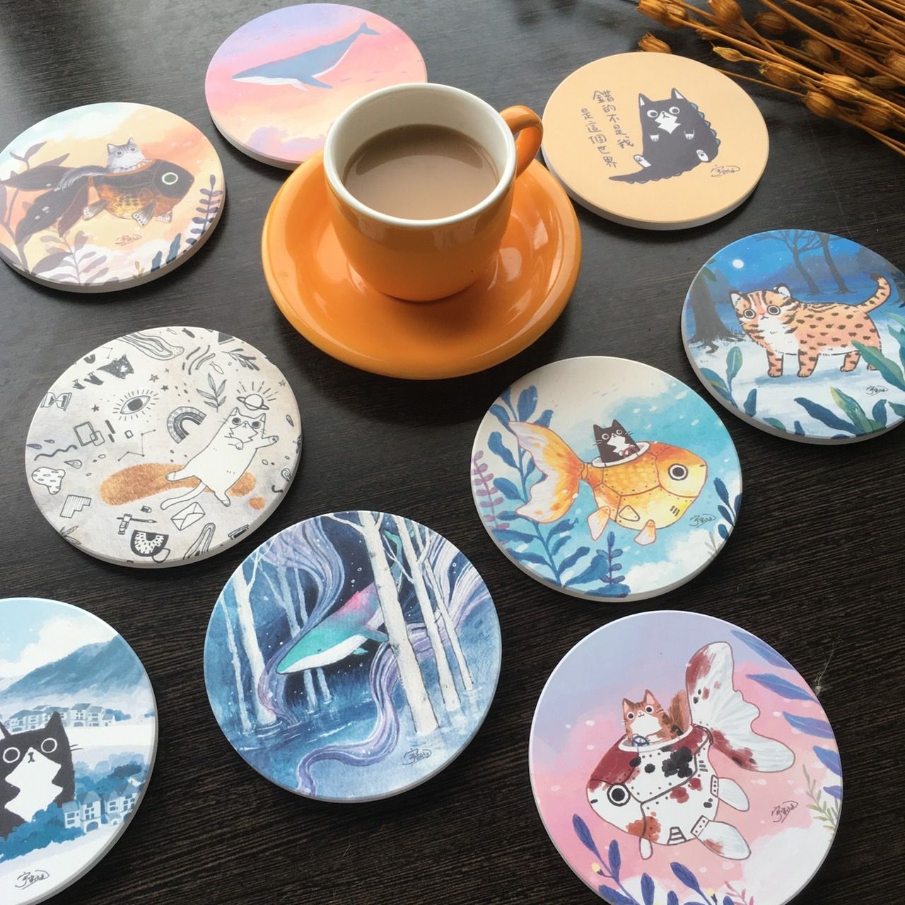 宇宙垃圾插畫陶瓷吸水杯墊